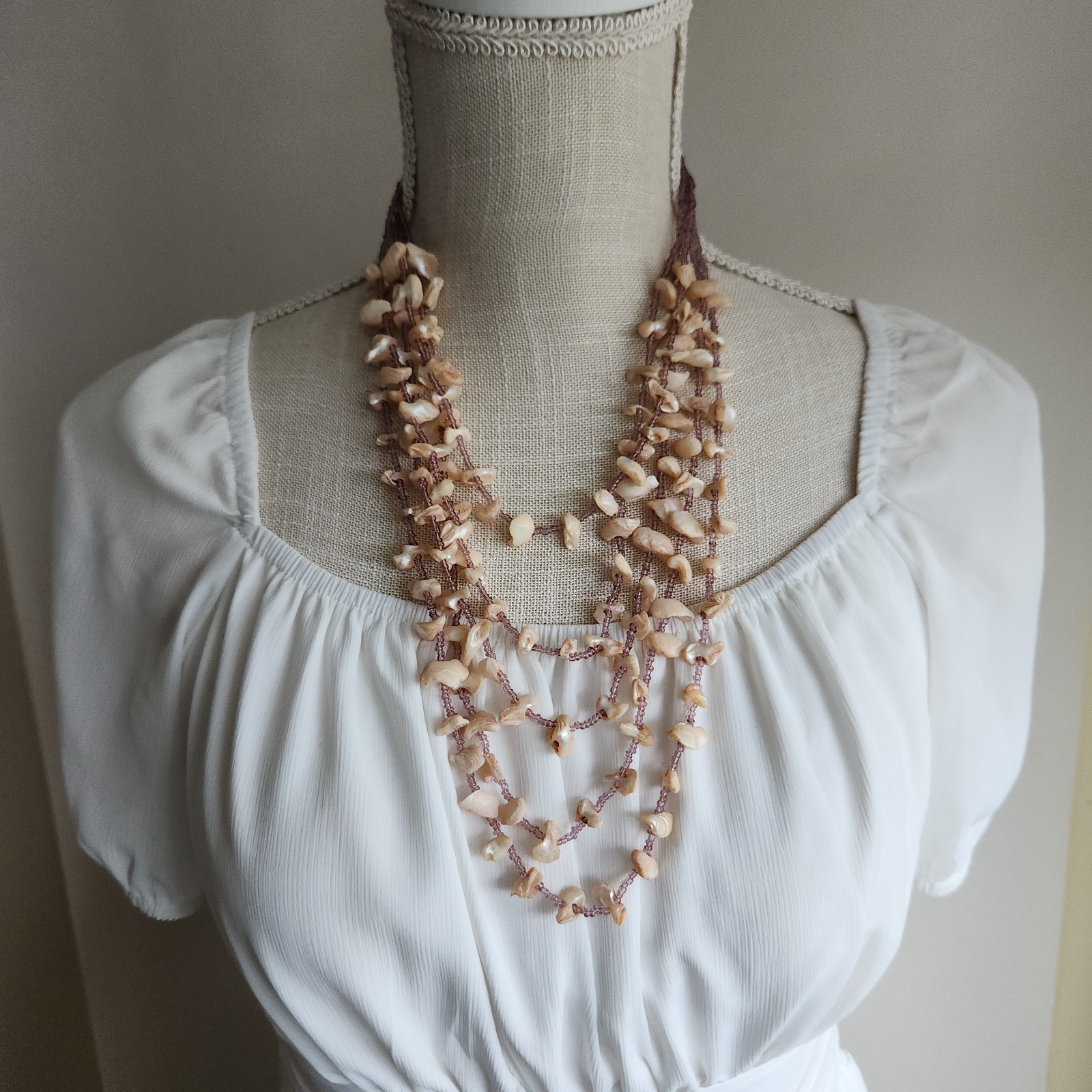 Vintage Multi-Strand Shell Chip Necklace with Purple Seed Beads 18–20″