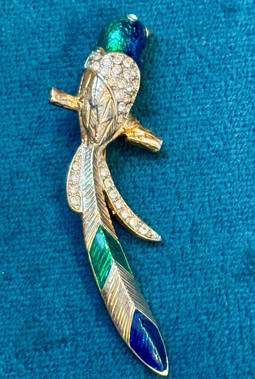 Vintage Enamel Bird Brooch – Blue Green Rhinestone Peacock Style Pin