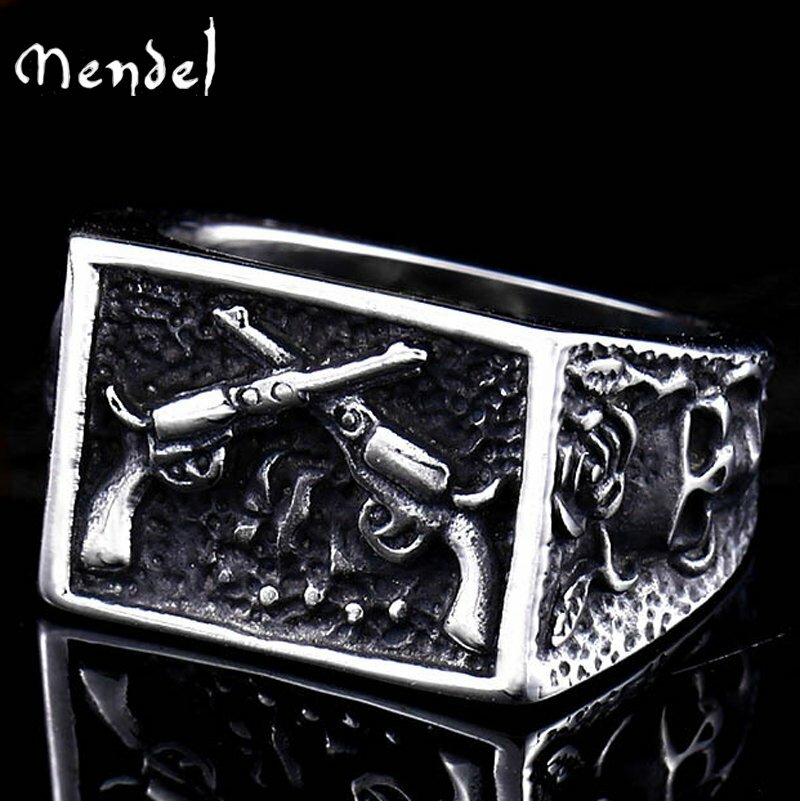 MENDEL Mens Stainless Steel Punk Biker Western Cowboy Skull Gun Ring Size 8-15