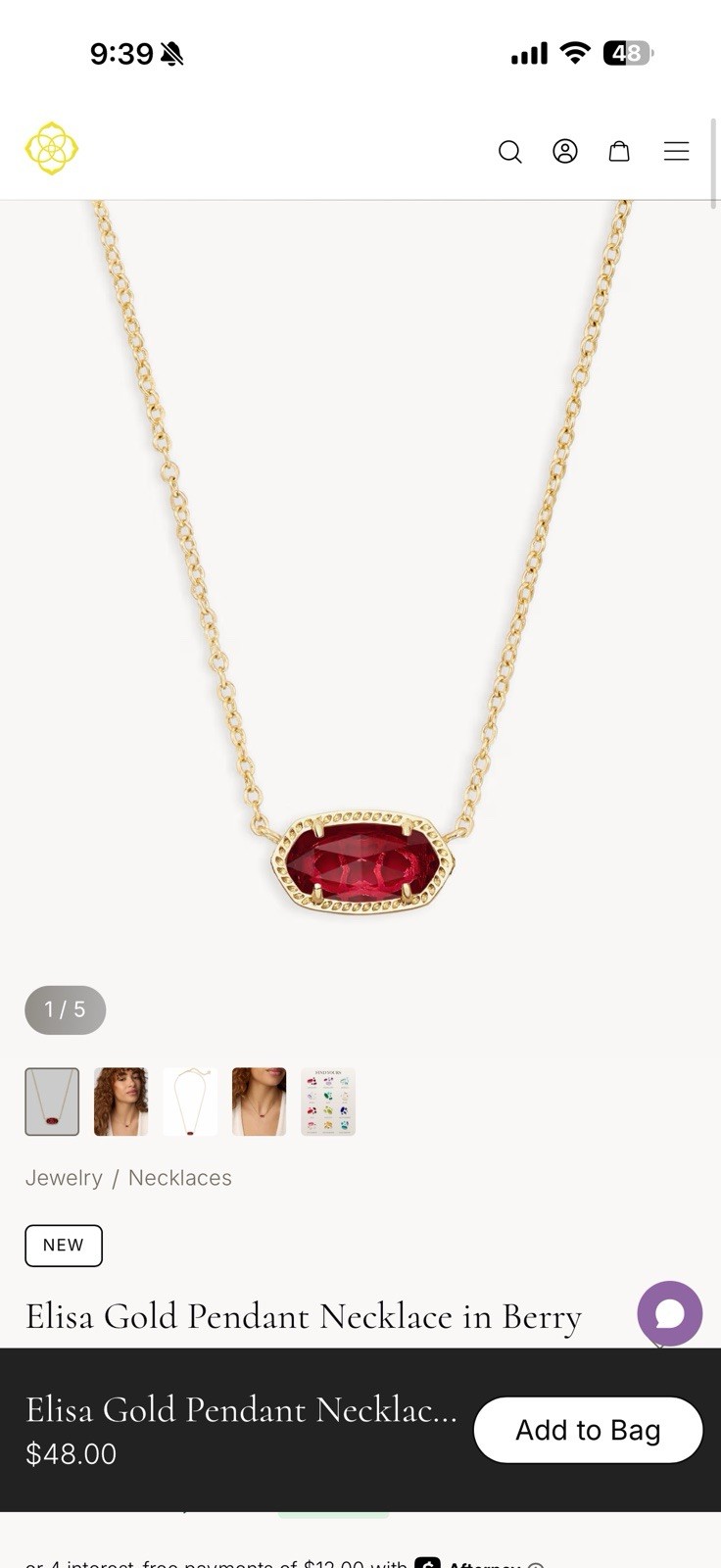 Kendra Scott Elisa Gold Pendant Necklace in Berry Glass 15-17 Inch