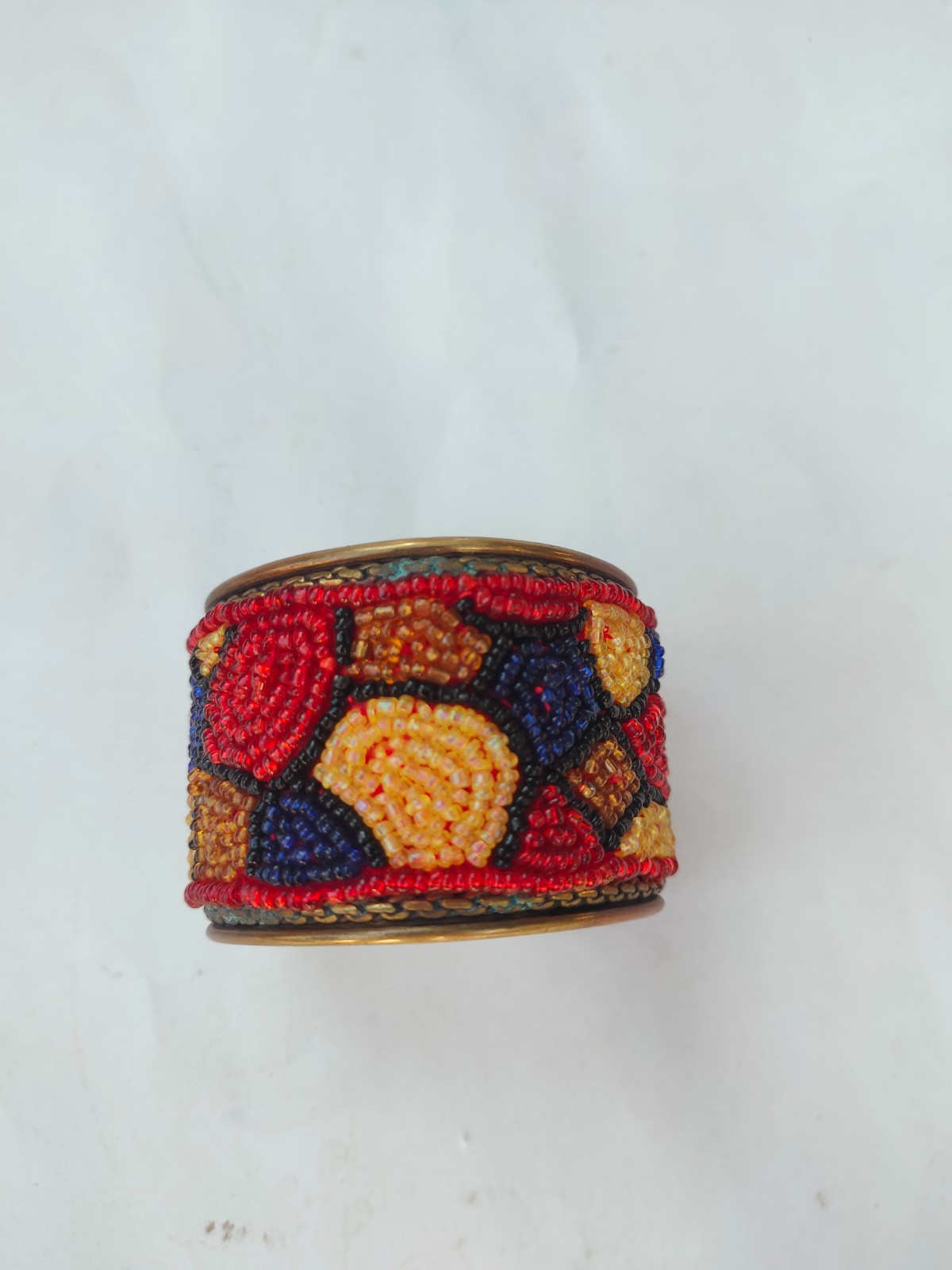 Handmade Brass Cuff Bracelet Colorful Seed Beaded Wide Open Bangle Boho Ethnic