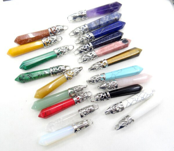 Natural 20pcs Mixed Stone Hexagonal Pillar Pendant Bead Jewelry Making 10x32mm