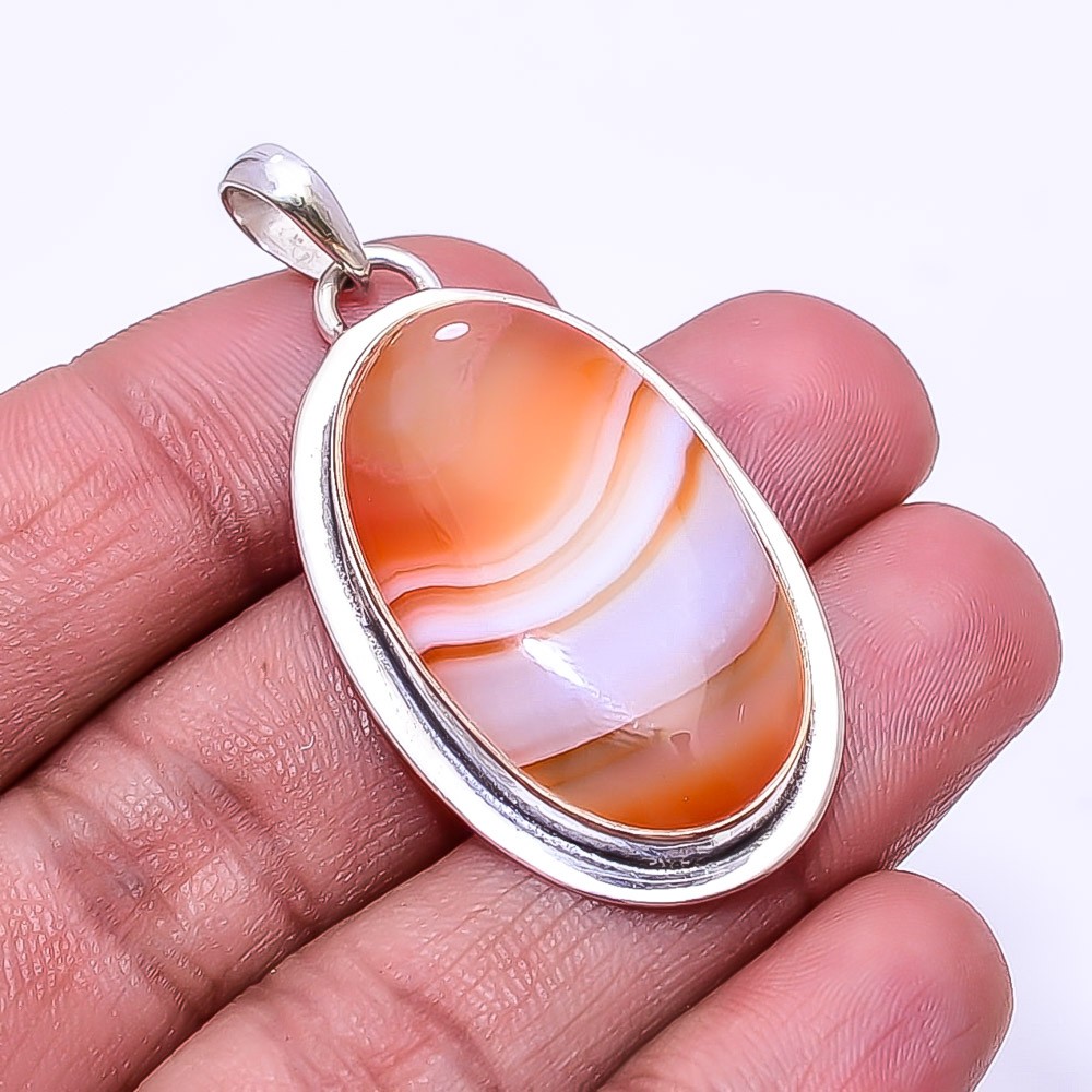 Banded Carnelian -Brazil 925 Sterling Silver Pendant 1.95″ P7, Christmas Gift