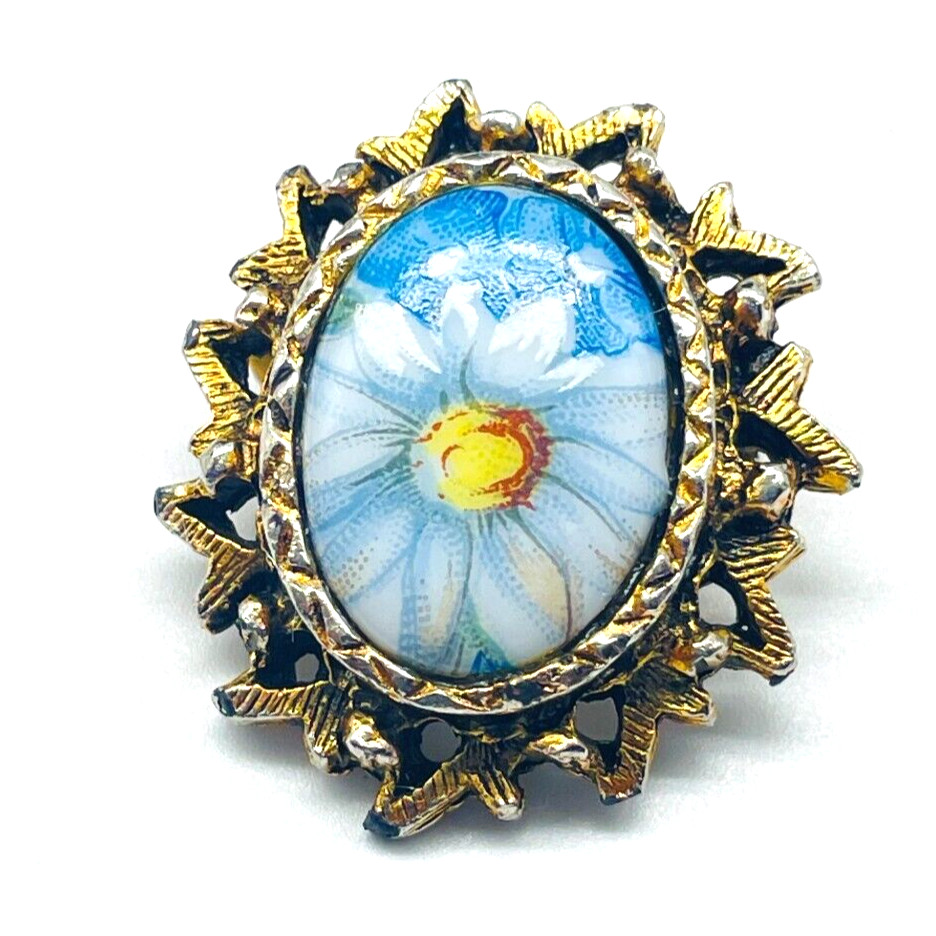 Vintage Blue Enamel Flower Brooch Gold Tone Oval Floral Pin Statement Jewelry