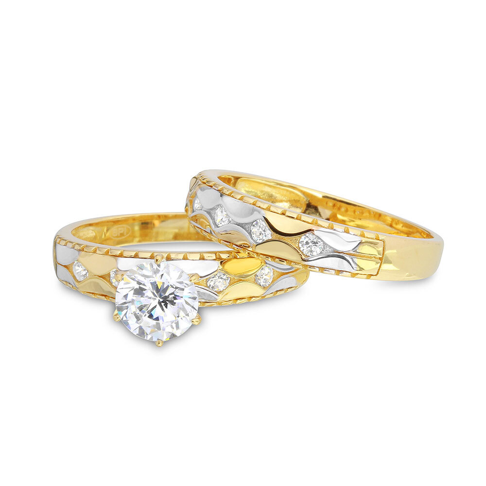 14K YELLOW GOLD OVER SILVER HAMMERED RING SET LAB SIMULATED FLAWLESS DIAMONDS