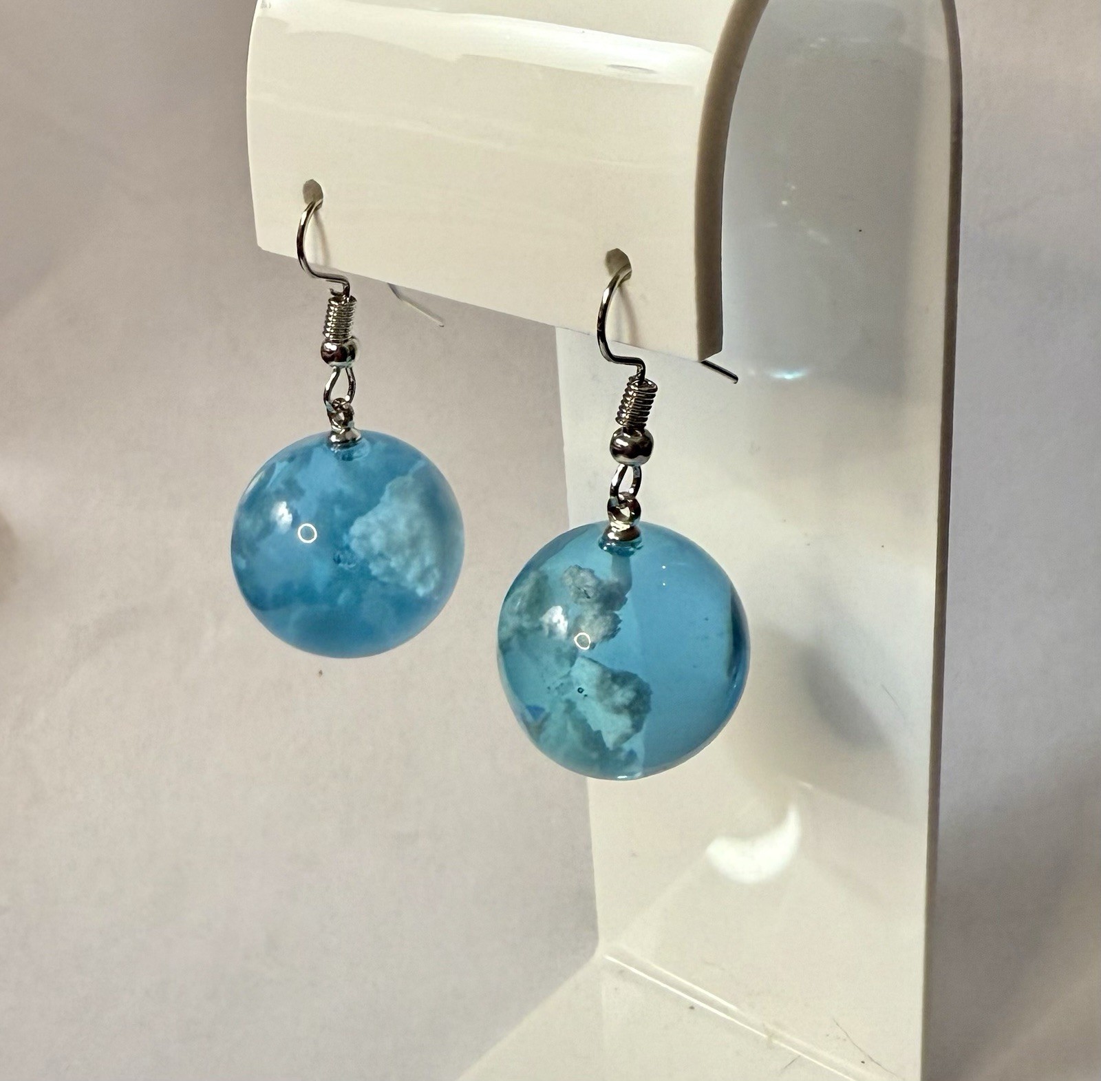 Lucite Blue Sky White Cloud Drop Dangle Pierced Earrings