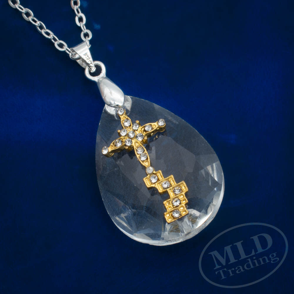 Crystal Cross Pendant Necklace – 18″ Link Chain, Clear Crystal & Gold Zinc Alloy
