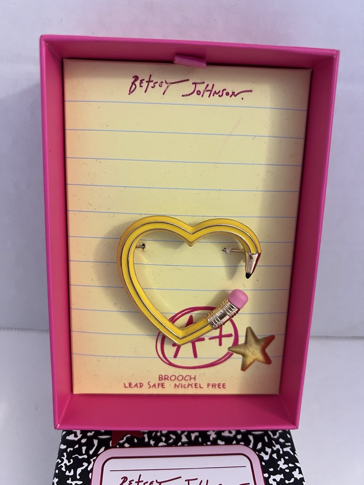 Betsey Johnson Brooch Heart Pencil Yellow With Star Accent NWT With Box