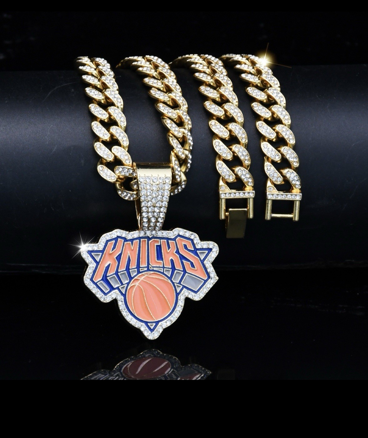 14K Gold Plated NY New York Knicks Large Charm Pendant Iced Cuban Chain Necklace