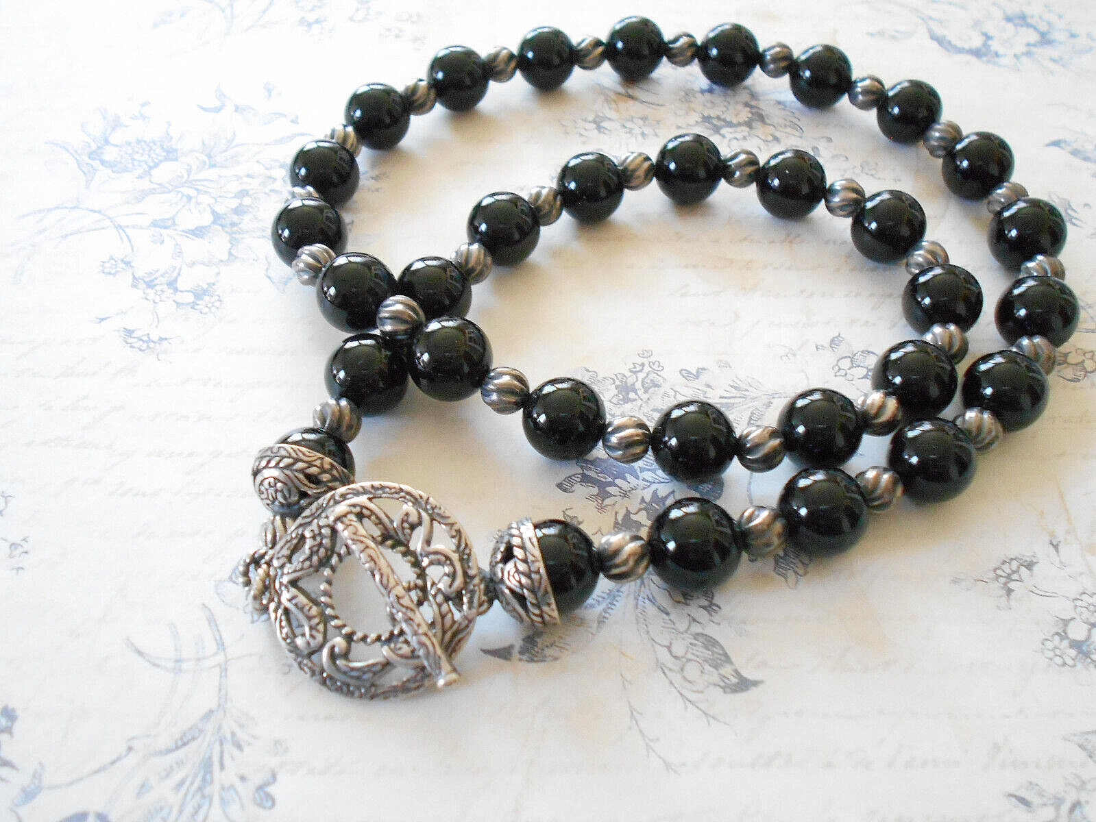 Carolyn Pollack Sterling 10.2 mm Black Onyx Beaded Necklace Toggle Clasp 49B83