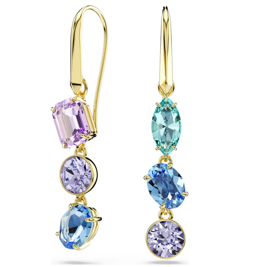 Swarovski Gema Asymmetrical Drop Earrings Multicolor Crystal Gold Tone