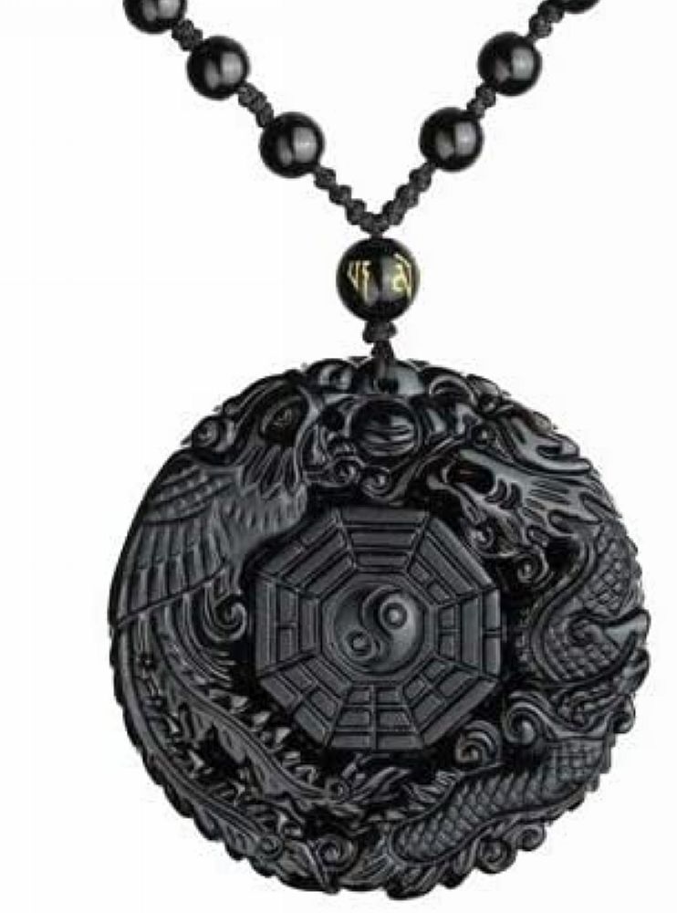 Crystal Natural Obsidian YING YANG dragon phenix necklace Pendant bead chain