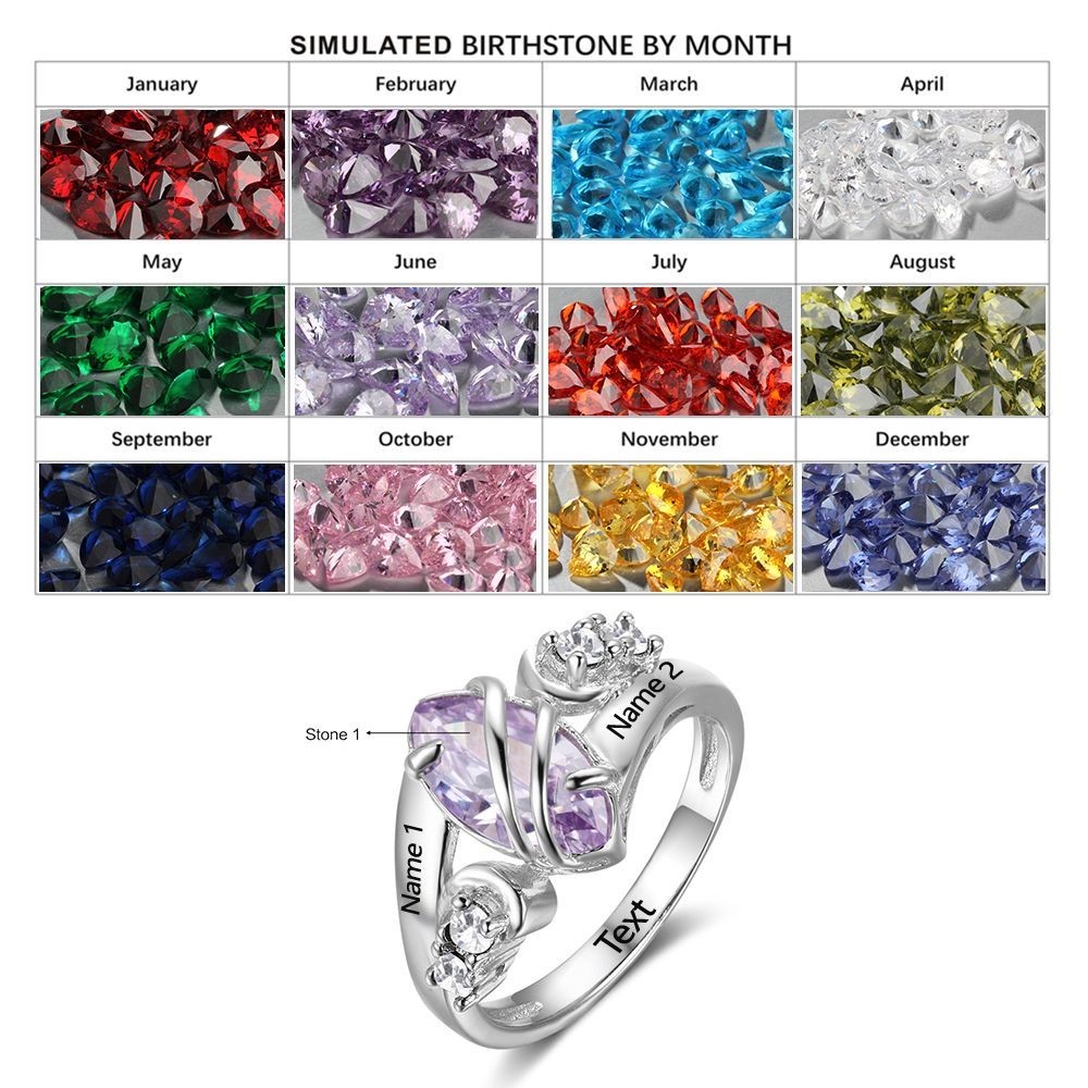925 Sterling Silver Personalized Marquise Cut CZ Birthstone Engraved Swirl Ring