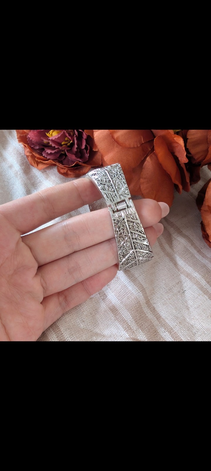 Silver Tone Wide Hinged Cuff Bracelet with Etched Geometric Pattern, Metal