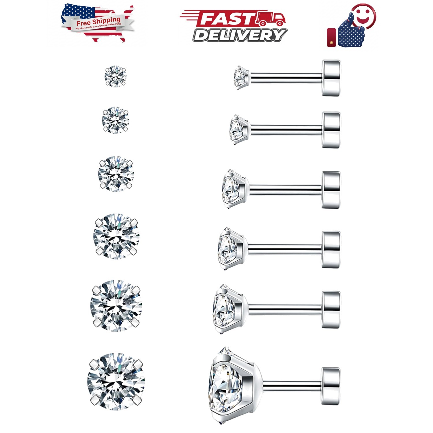 6 Pairs Hypoallergenic Cubic Zirconia Earrings Surgical Steel Flat Back Studs…