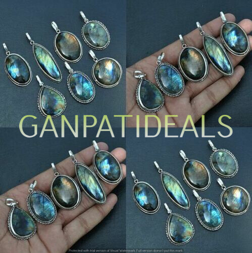 Flashy Labradorite Gemstone 5pcs Wholesale Lot 925 Silver Plated Pendants