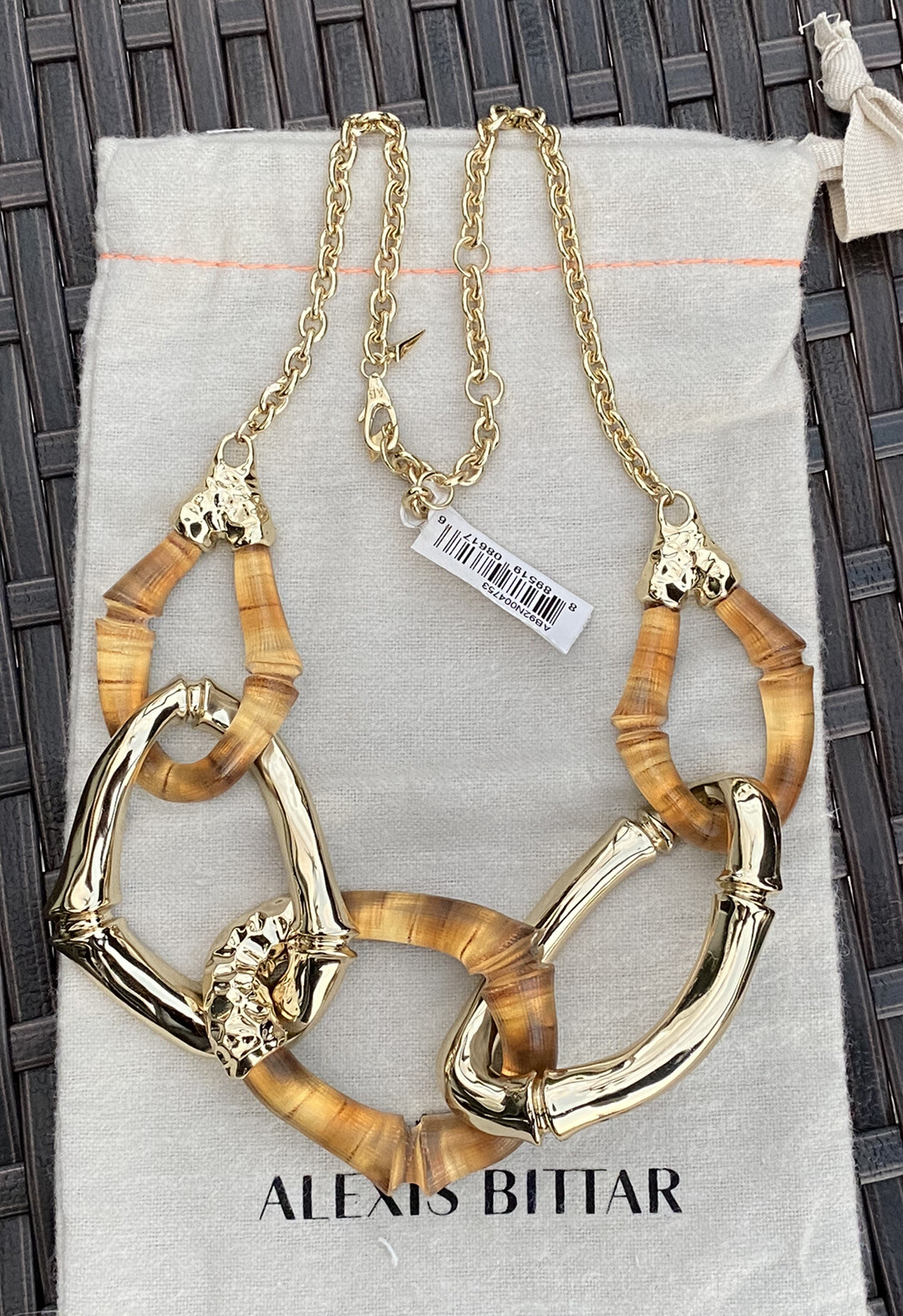 100% Authentic Alexis Bittar Large Gold/ Amber Lucite Bamboo Link Necklace $595