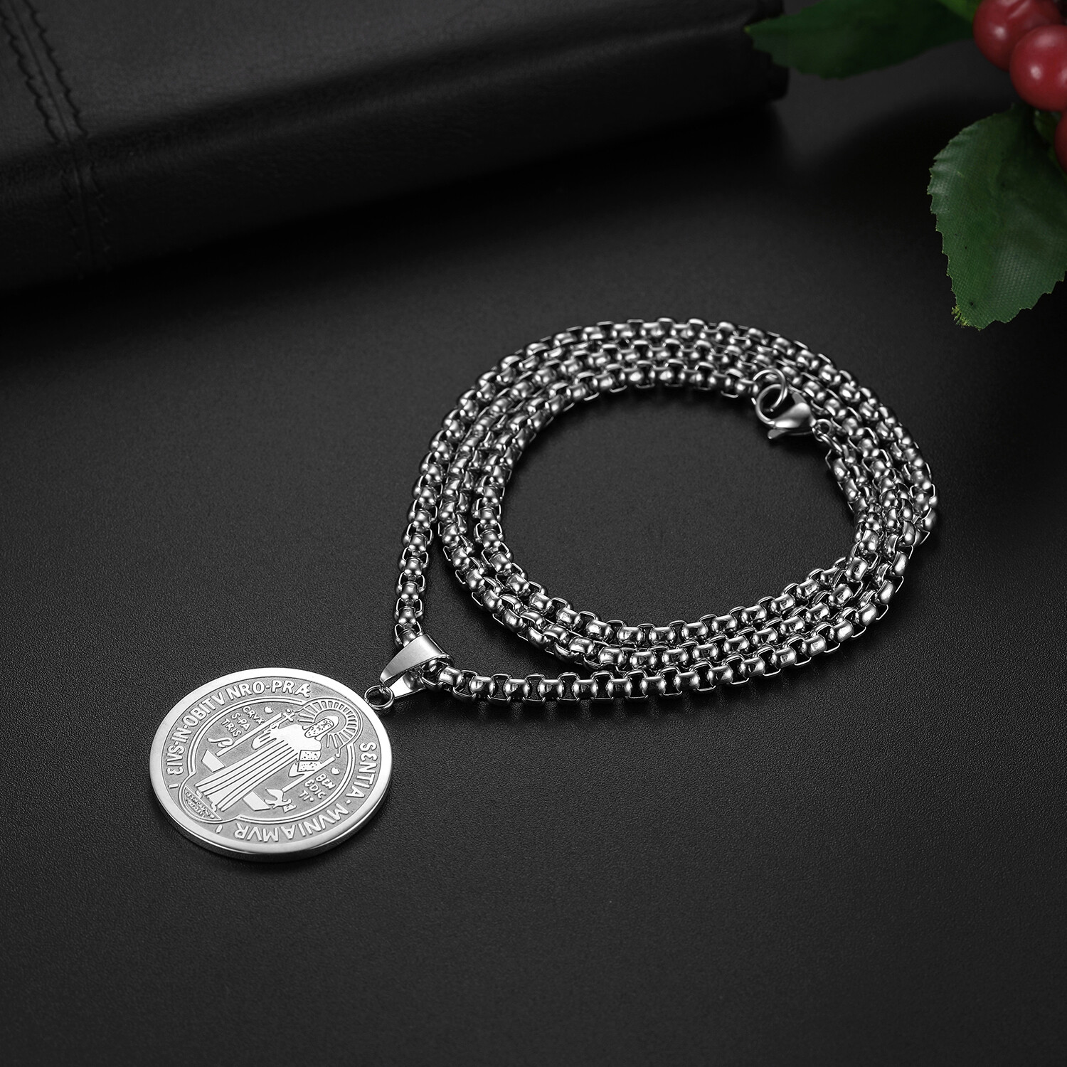 Men’s Stainless Steel Saint St. Benedict Oval Medal Pendant Necklace Chain 22”