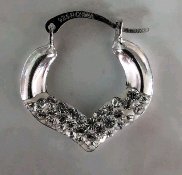 STERLING 925 SILVER HUGGIE HOOP HEART SHAPED CZ PIERCED EARRINGS-1.7 GRAMS