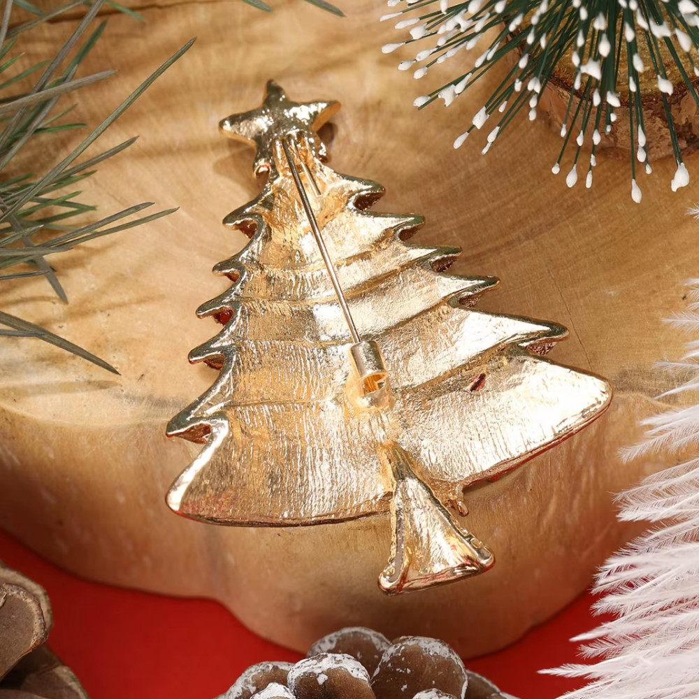 Enamel Rhinestone Christmas Tree Brooch Pin, Gold Holiday Winter Jewelry Gift