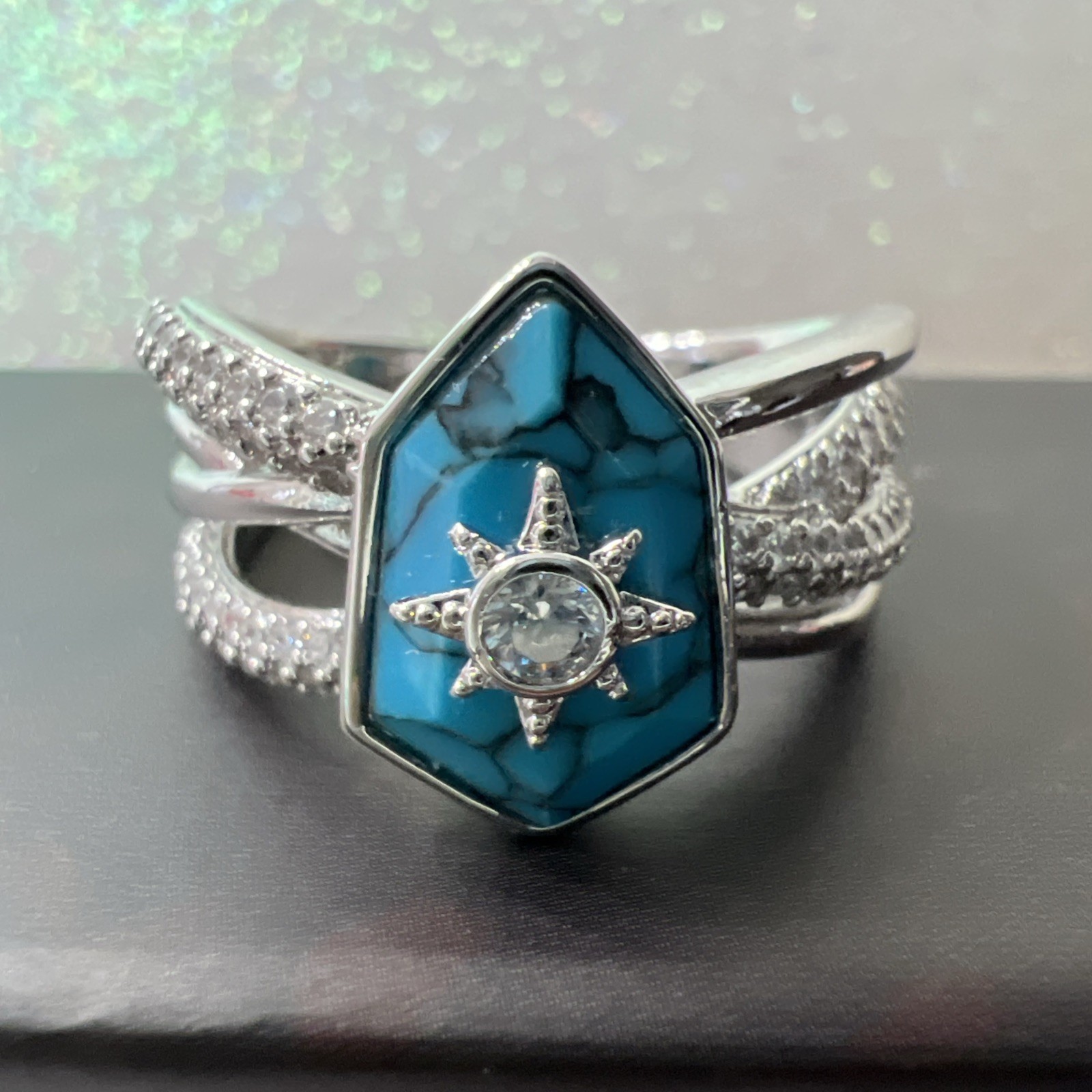 Bomb Party Outlaw Ring size 9 “Sparkling Saddle “ Turquoise Magnesite Rhodium