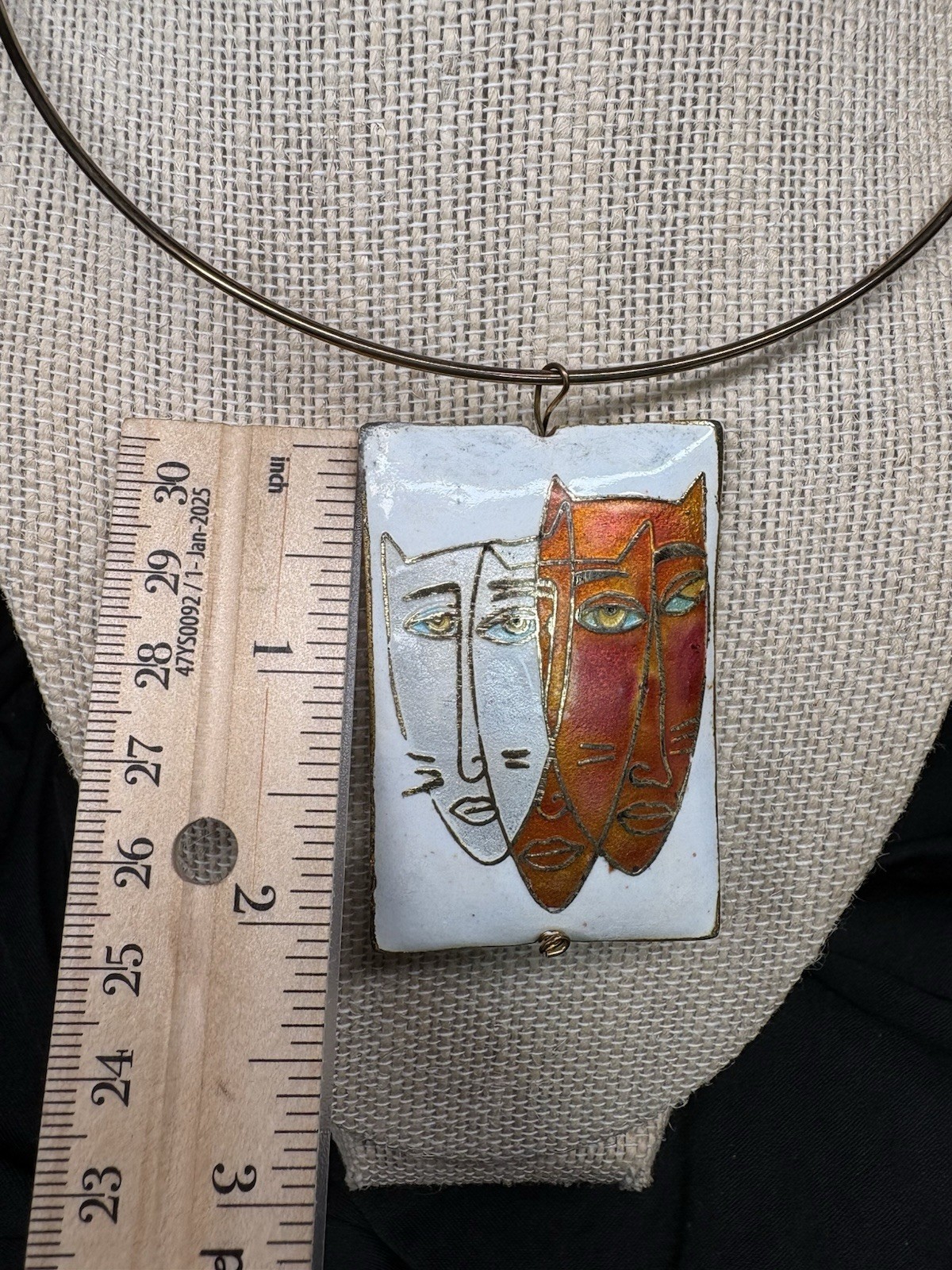 Artisan Copper Enamel Abstract Faces Pendant Necklace Picasso Style TorqueCollar