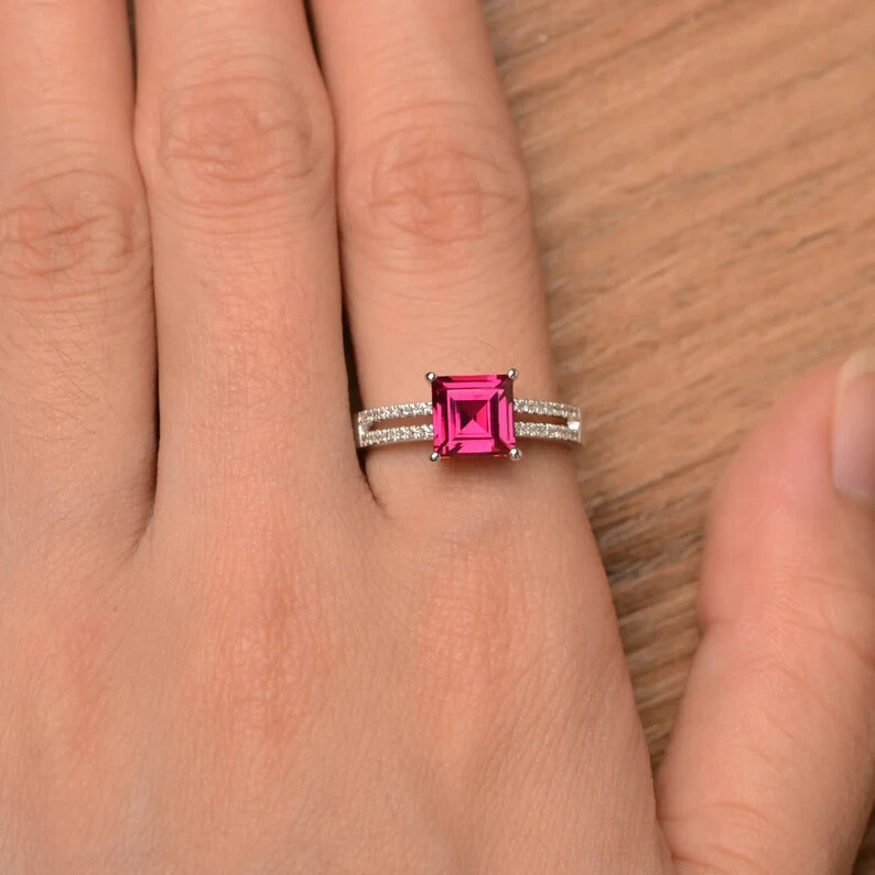 Unique Solitary Ring 2.37 Ct Princess Cut Simulated Ruby 14K White Gold Plated