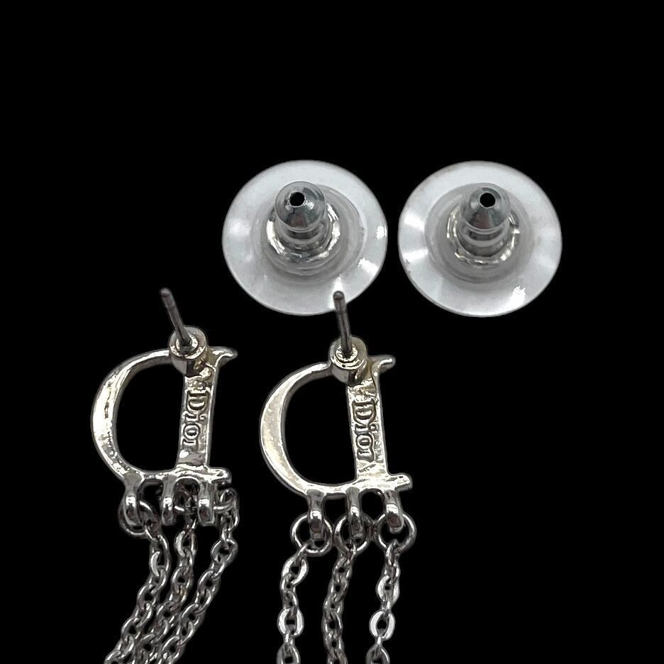 Christian Dior Silver Logo Dangle Chain Earrings Vintage Boxed Condition