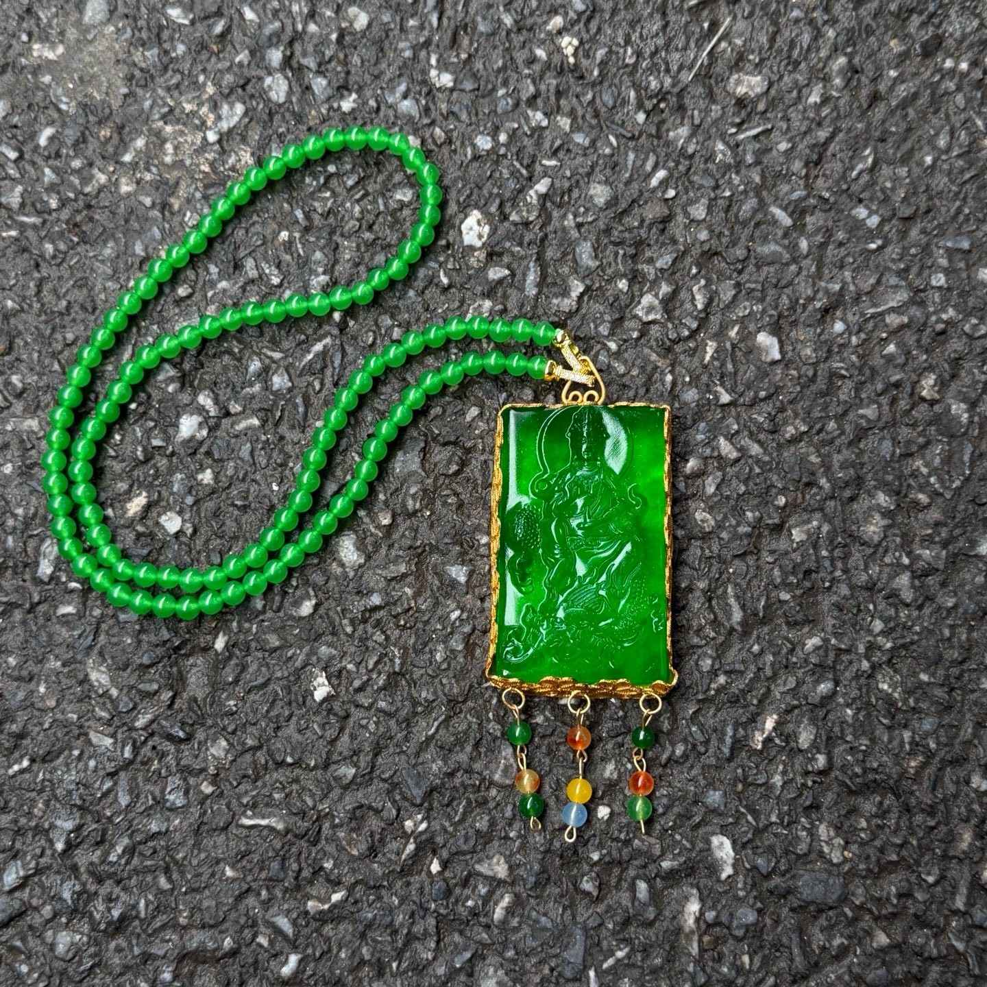 Natural ice inlay Green Jade Jadeite Dragon Kwanyin Pendant&Necklace 鎏金乘龙观音