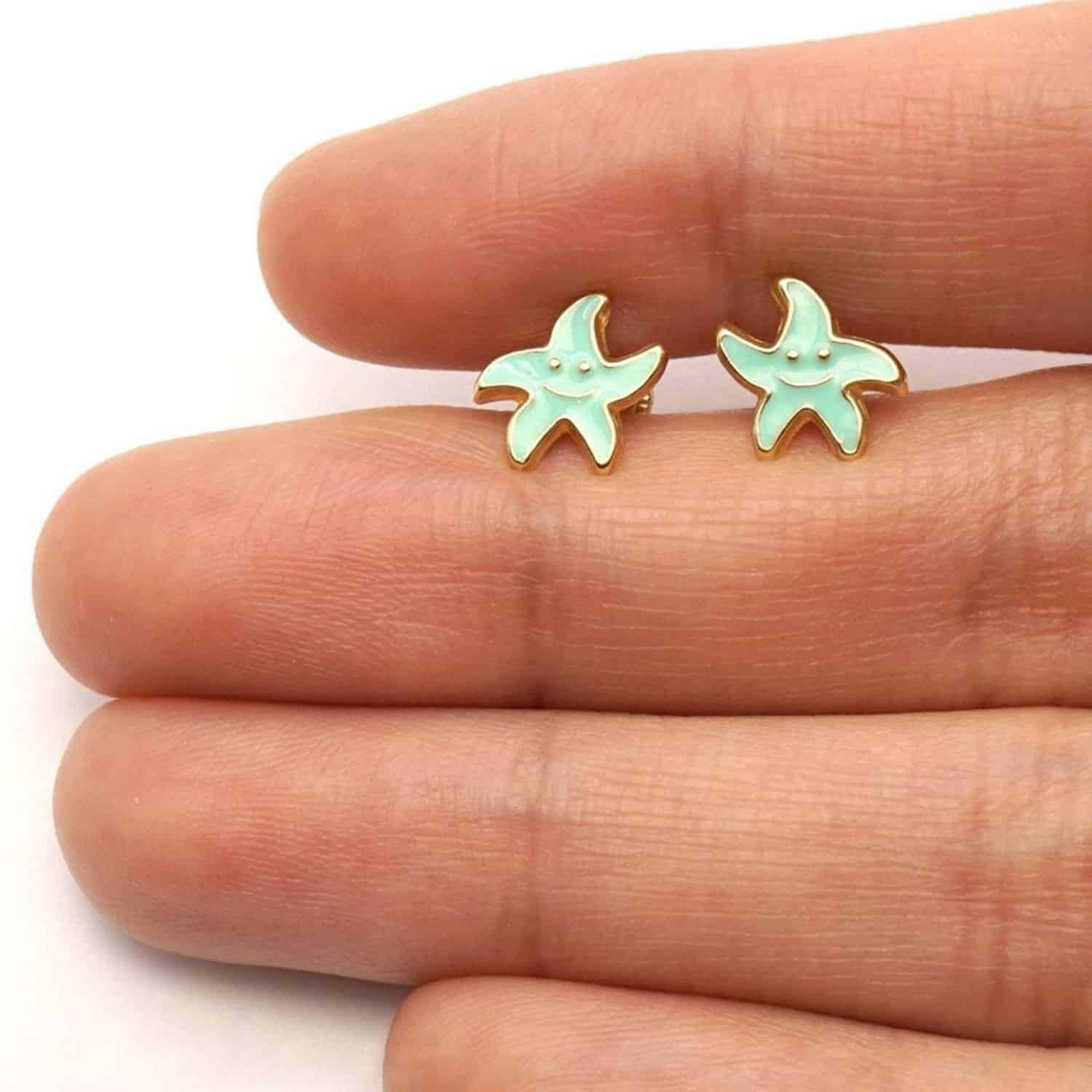 Kid’s 14K Yellow Gold Blue Pink Red Green Enamel Starfish Stud Earrings