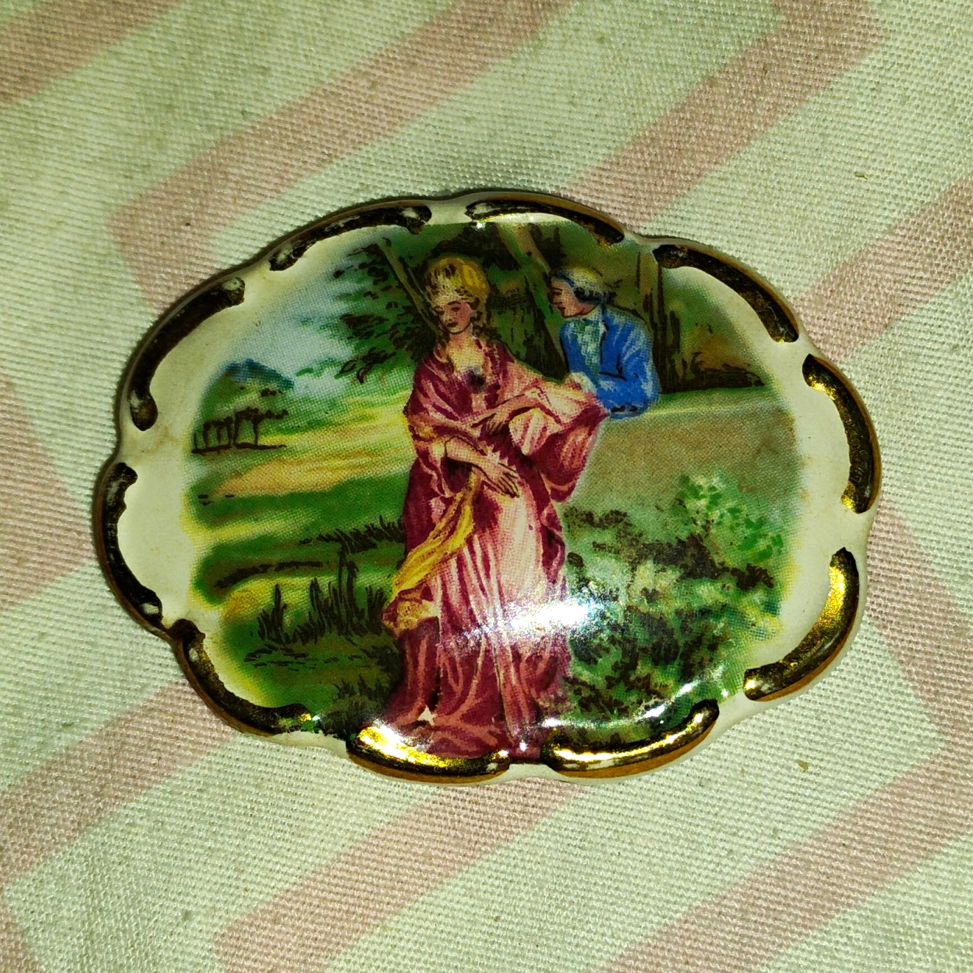 Oval Porcelain & Metal Brooch Pin Multicolor Painted Art Scene, No Stone