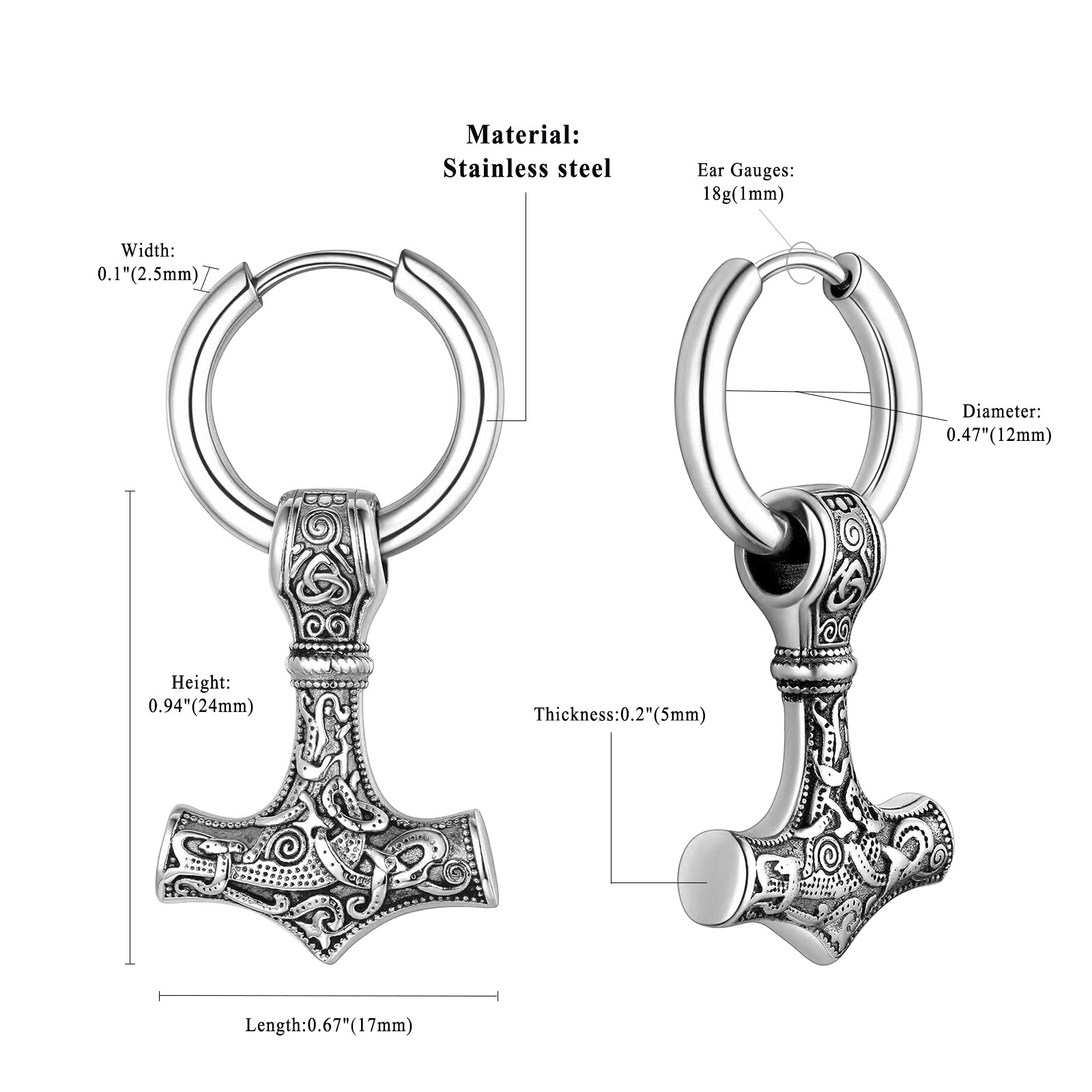 Viking Thors Hammer Earrings for Men Women Stainless Steel Drop Dangle Earrings