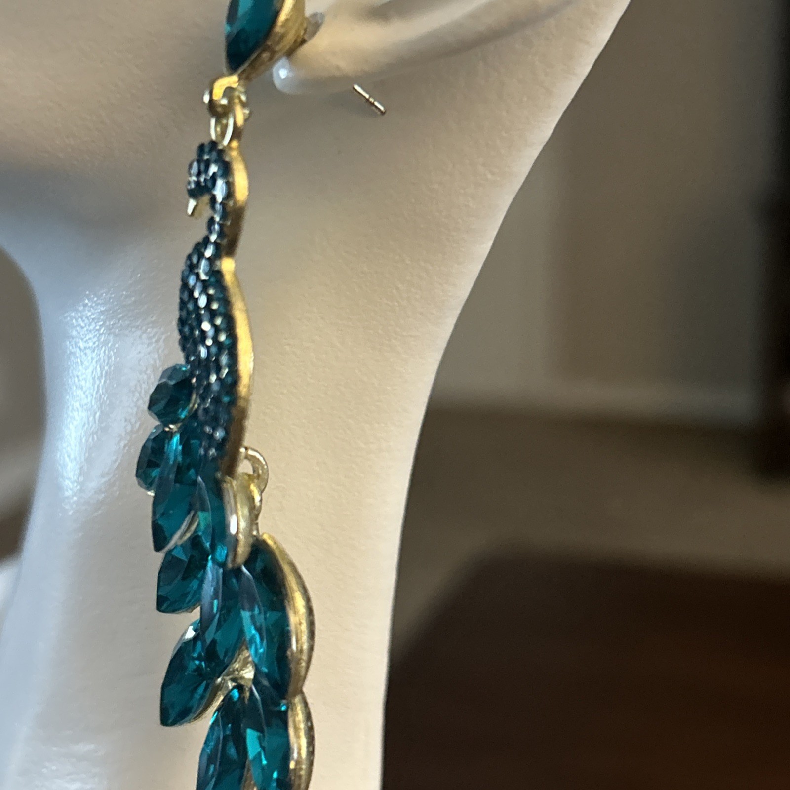 Gorgeous Teal Green Rhinestone Peacock Dangle Earrings