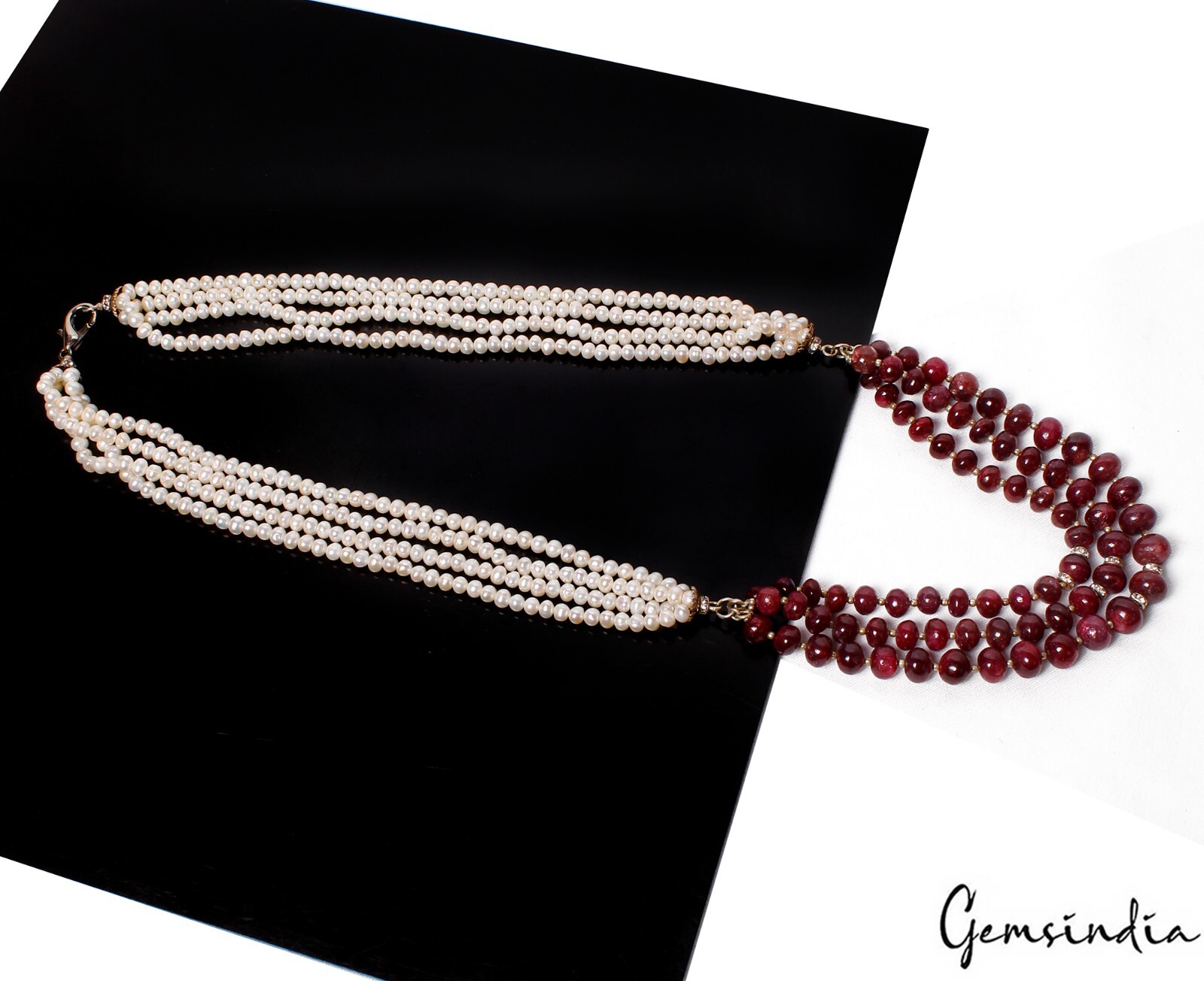 790 Ct Natural Ruby & Pearl Multi Strand Rondelle Beads Handmade Necklace 28 In