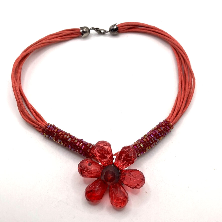 Large red floral pendant necklace 36cm 9 strand cord flower costume jewellery