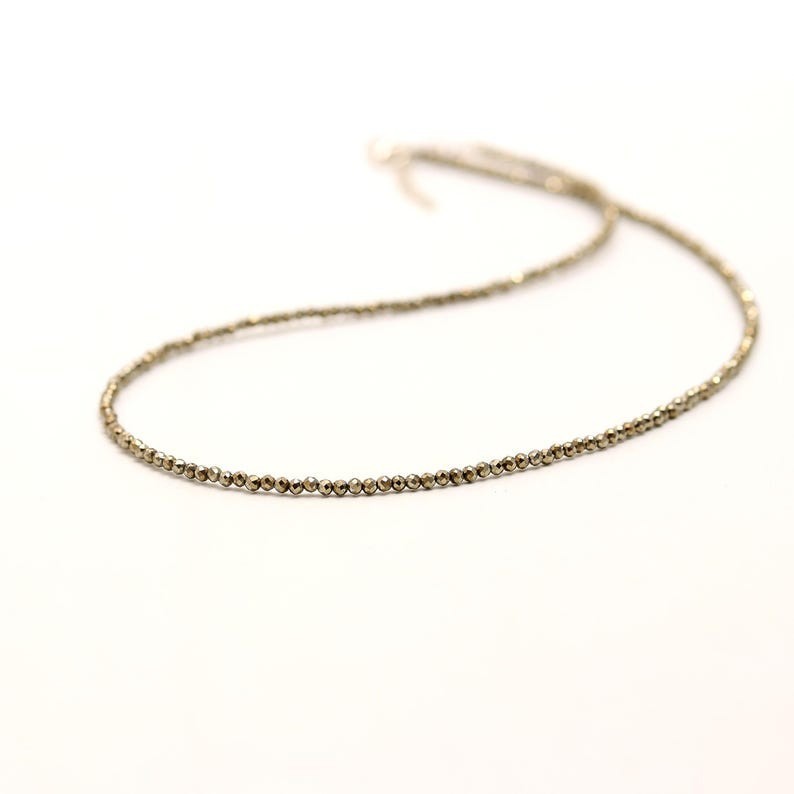 Dainty 2-3MM Gold Pyrite Faceted Round Gemstone Beads Confidence Necklaces 32”