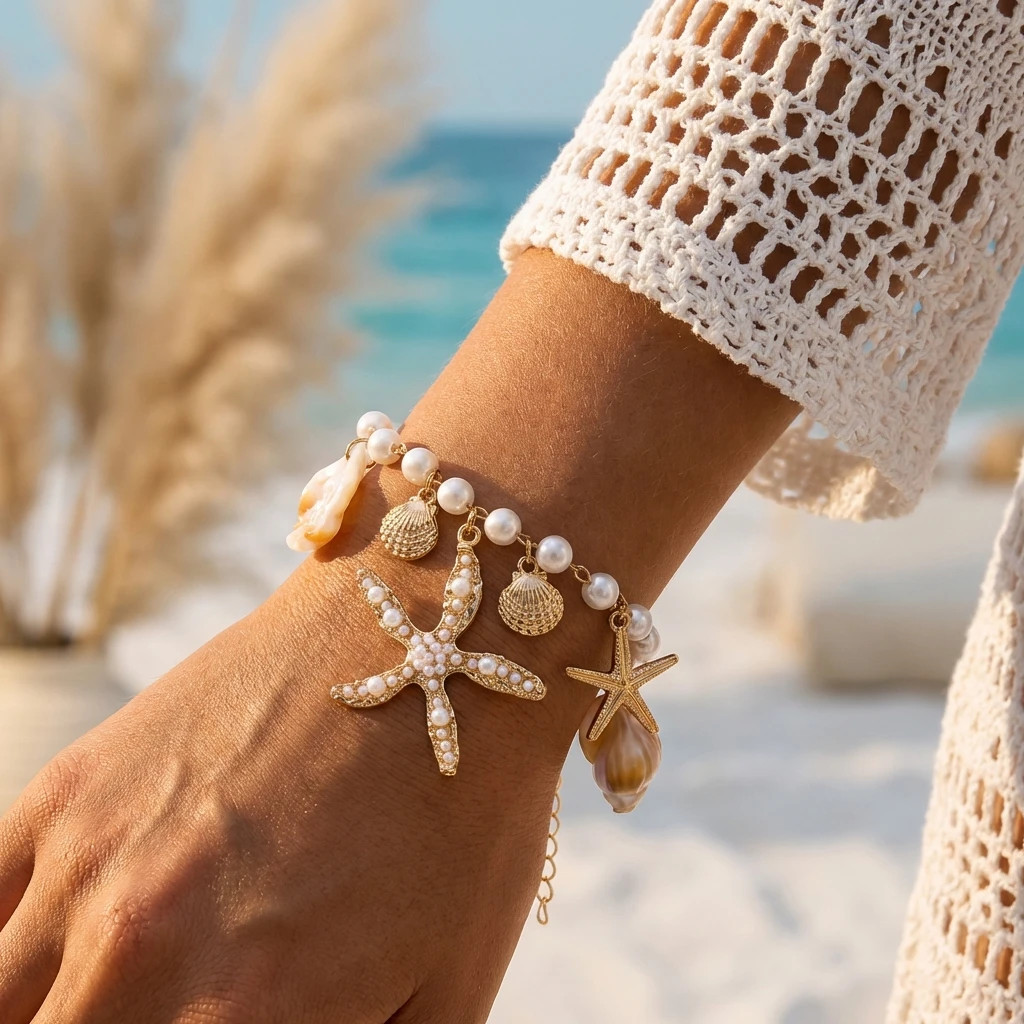 Bohemia Starfish Shell Shell Tassel Anklets For Women Gold Color Imitation Pearl
