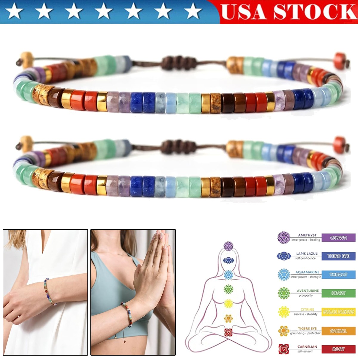 Chakra Bracelets, 7 Healing Crystals Spiritual Stones, Anxiety Relief Meditation