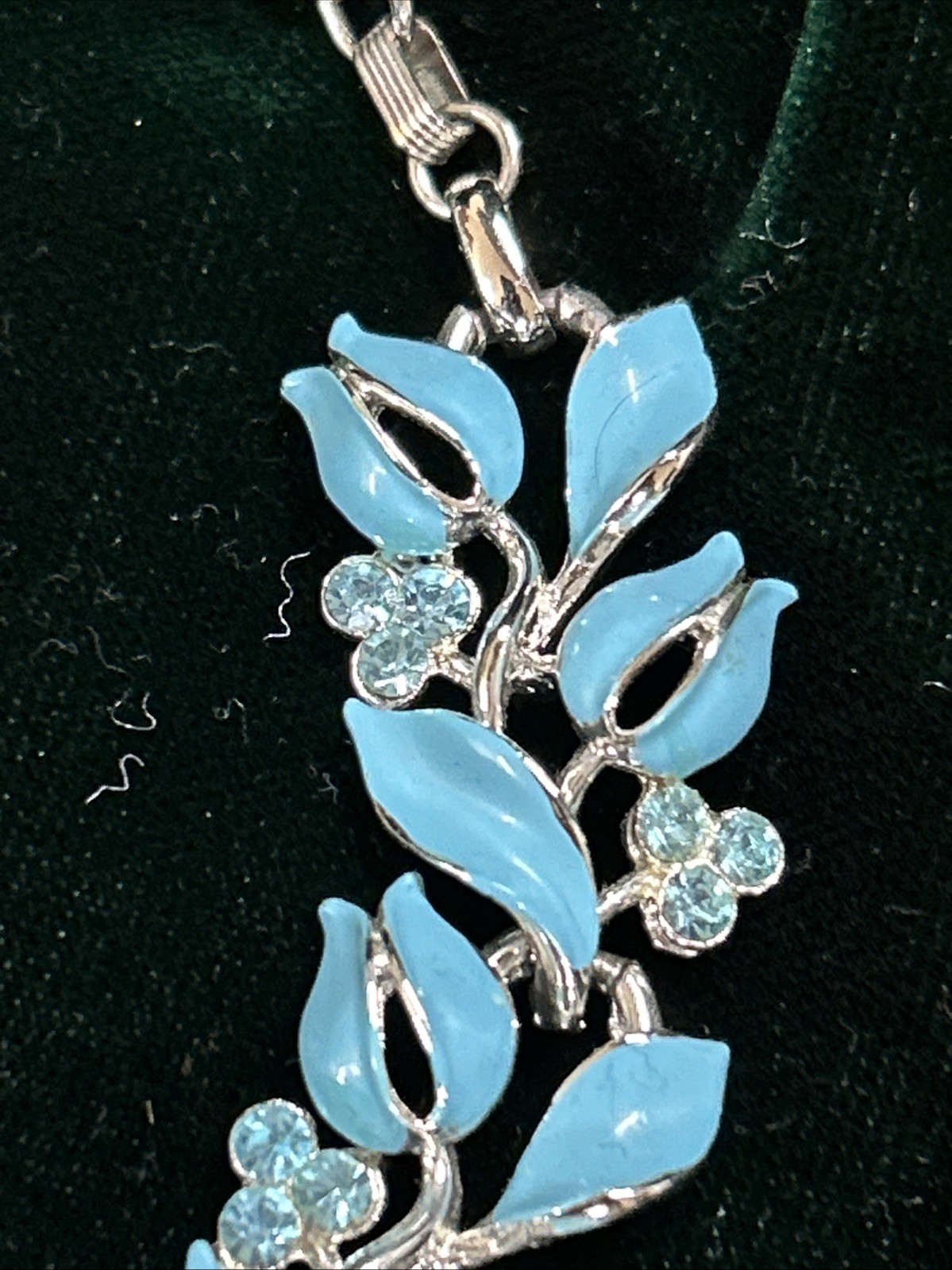 LISNER Aqua Blue Enamel Leaf Choker Necklace Rhinestone Silver Tone