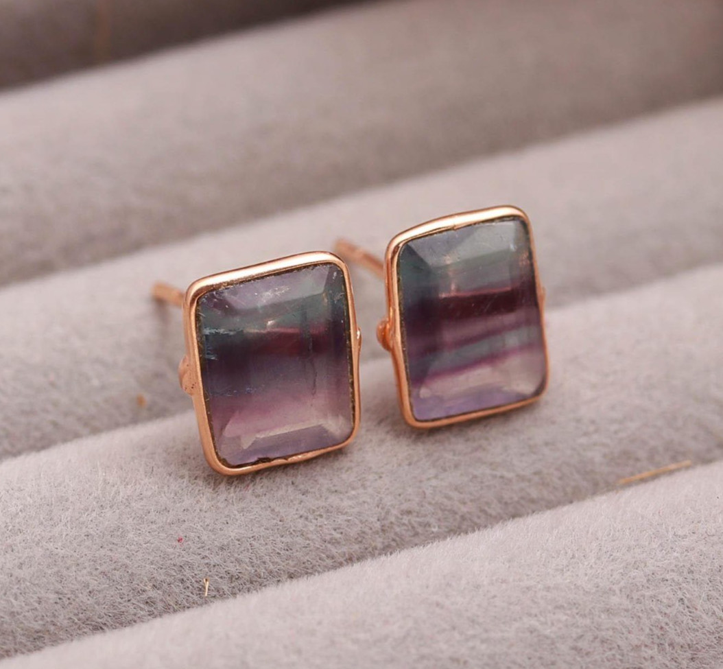 100%Natural Fluorite Octagon Stud Earrings Rose Gold Plated Solid Silver Jewelry