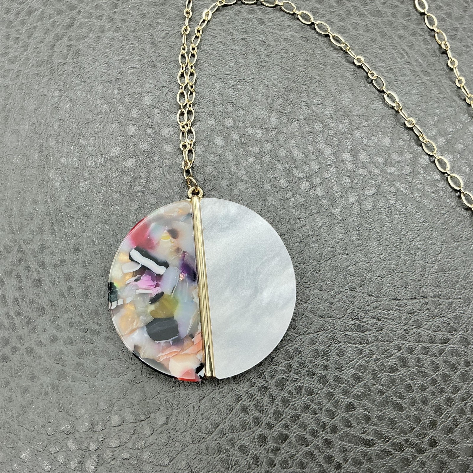 LOFT Necklace Gold Tone Multicolor Resin Round Pendant 36 In Statement Jewelry