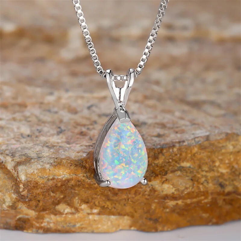 White Opal Stone Pendant Minimalist Droplet Fire Opal Necklace Sterling Silver