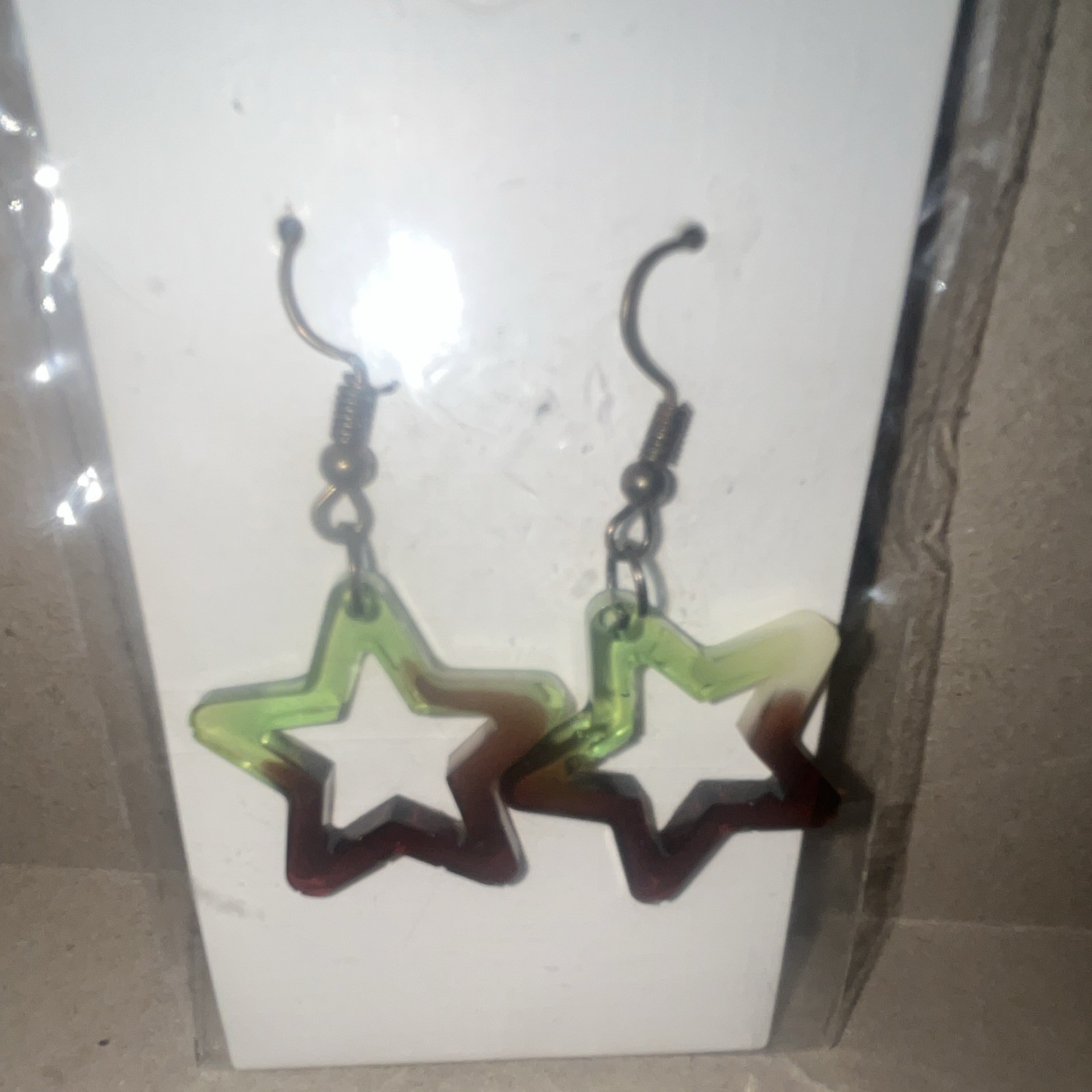 Green Brown Star Resin Dangle/Drop Earrings Hook Closure, Lobe No Stone