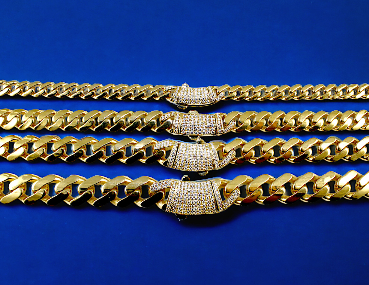 14K Yellow Gold Monaco Miami Cuban Link Chain Bracelet CZ Pave 6mm-13mm 16″-30″