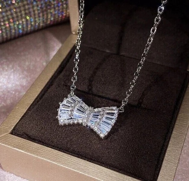 2.15Ct Baguette Cut Simulated Diamond Women’s Bow Pendant 14K White Gold Plated
