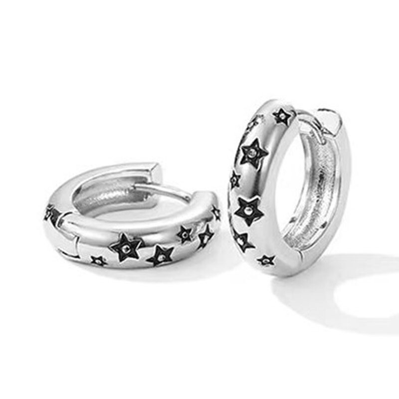 Retro 925 Sterling Silver Plated Star Printed Huggie Hoop Earrings 13mm/0.5″ J3