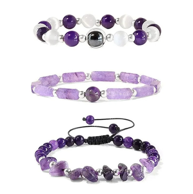3pcs Amethyst Healing Stone Bracelet Set for Meditation & Energy Balance