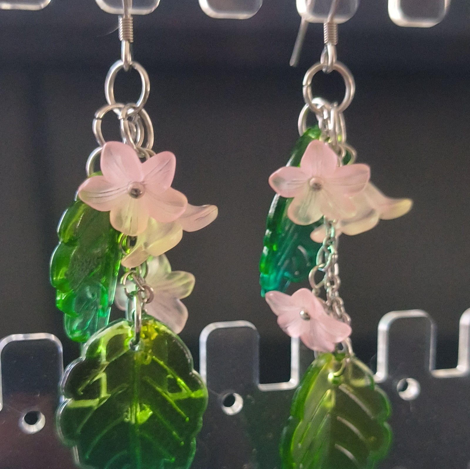 Green Leaf & Pink Flower Dangle/Drop Hook Earrings, Plastic/Metal, No Stone