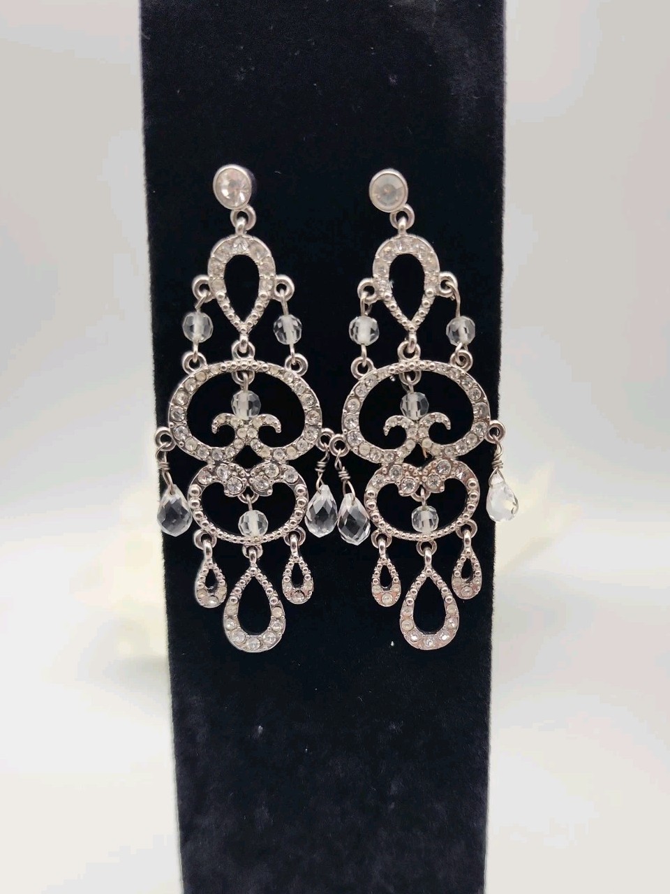 3 Strand Cross Chunky Necklace Rhinestone Faux Pearl + Dangle Drop Earrings