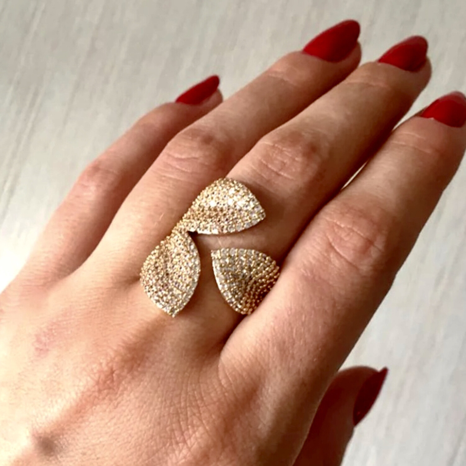 18k White Gold Plated Leaf Adjustable Ring made w Swarovski Crystal Stone